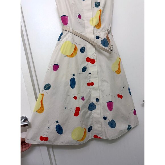 Akris Fruit Print Shirt Dress Cotton Beige Gray Greige Rainbow Colorful Belted 6 - Picture 7 of 16